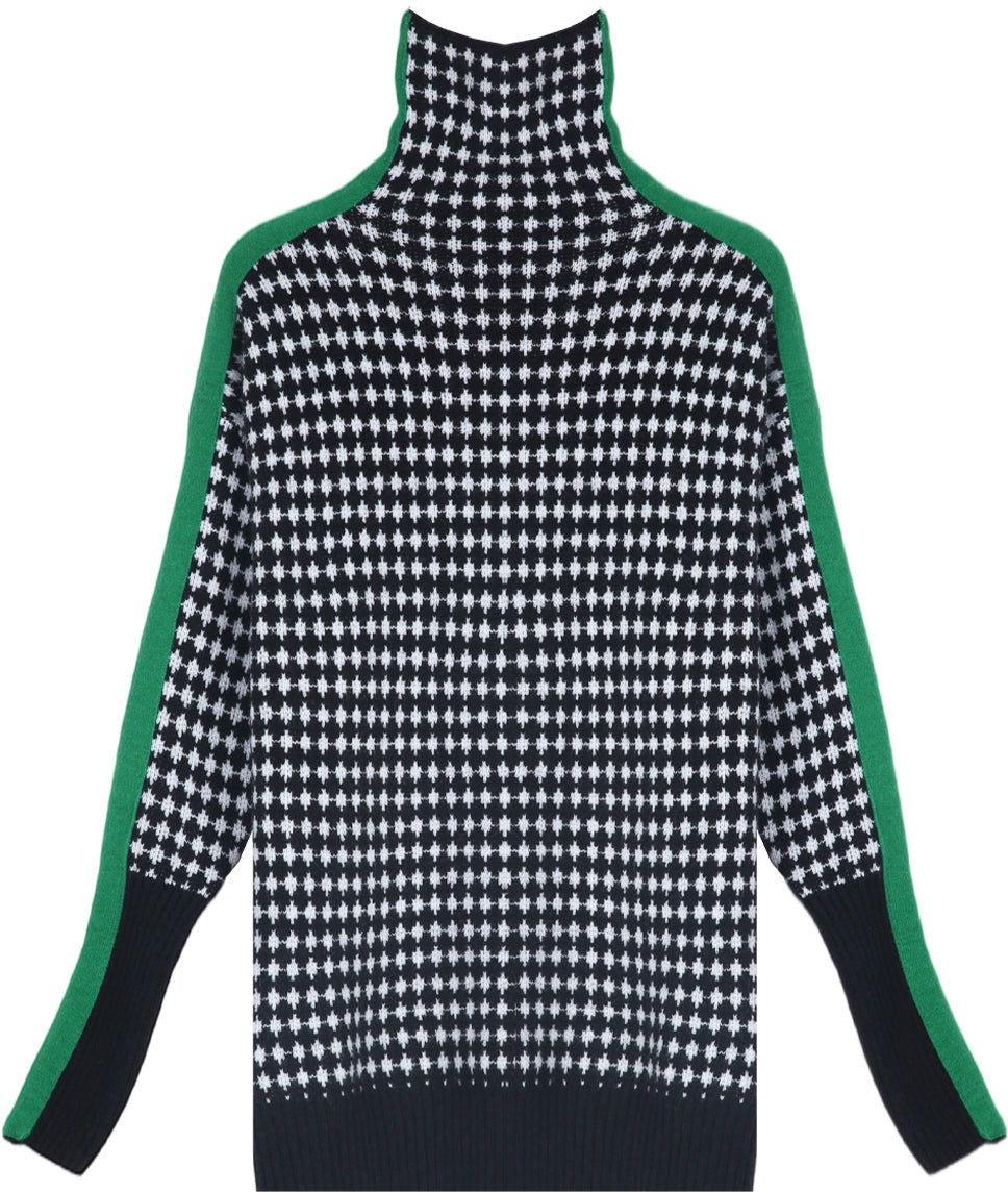 Pull Vert Rayé avec Motif à Carreaux Noir et Blanc