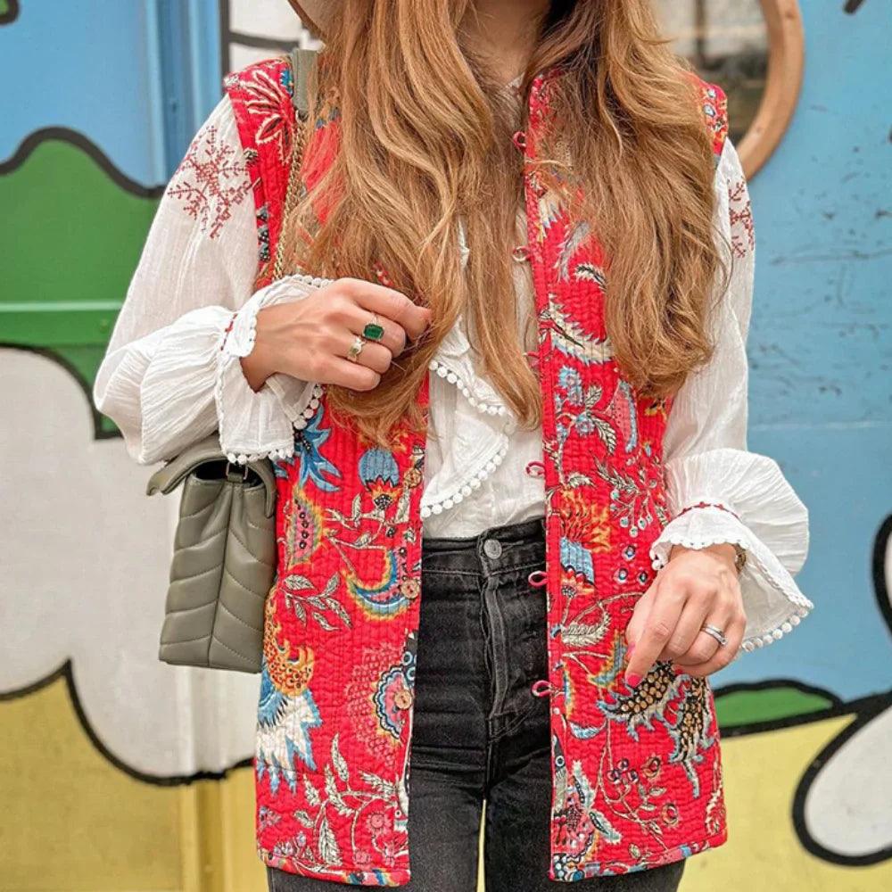 Cardigan Sans Manches à Motif Floral Joyeux