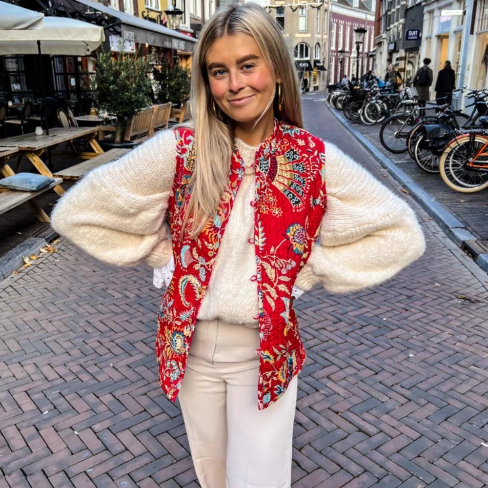 Cardigan Sans Manches à Motif Floral Joyeux